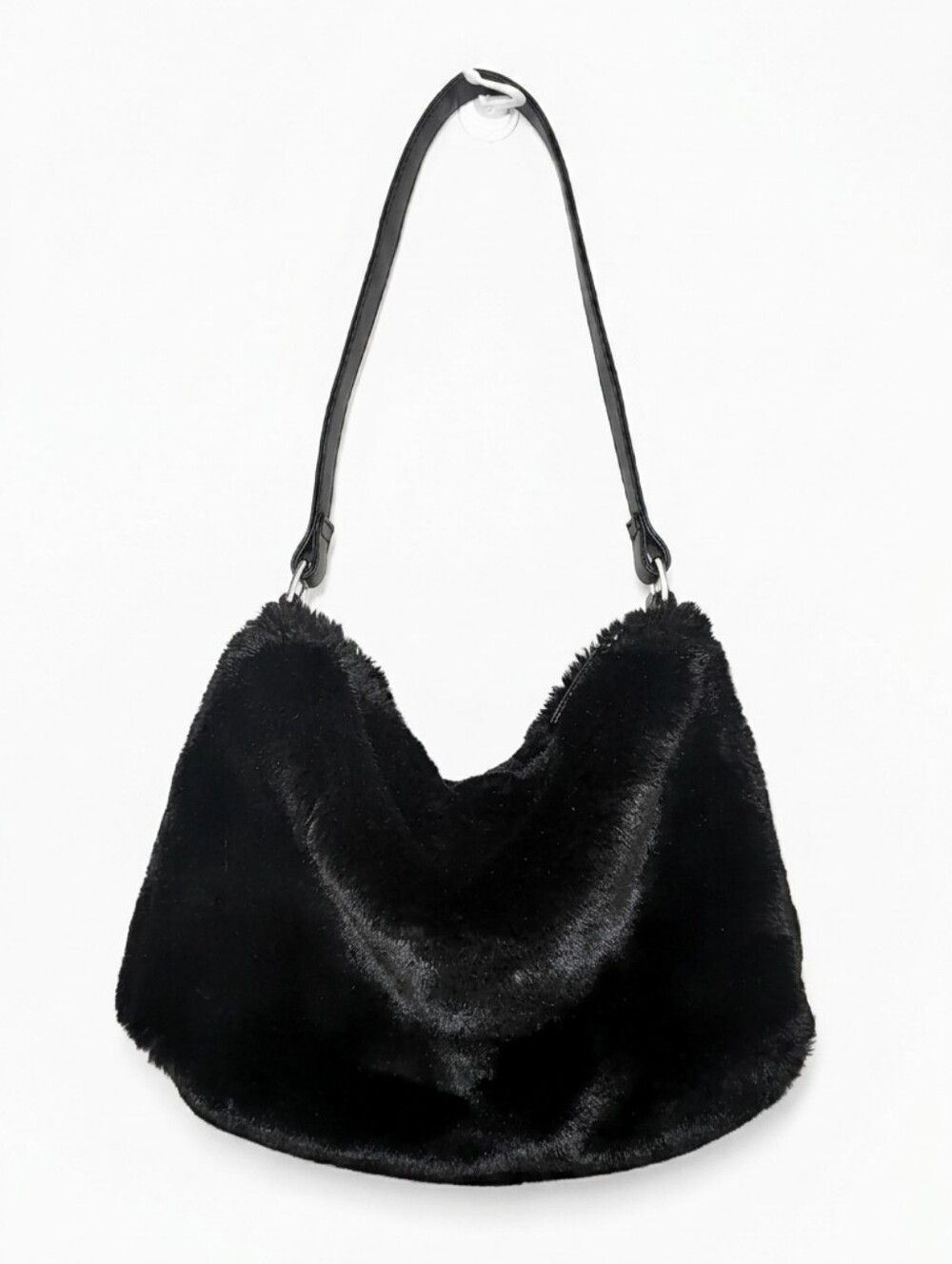 Black Faux Fur Shoulder Bag Vintage Y2K Fluffy Hobo Purse Faux Leather Plush